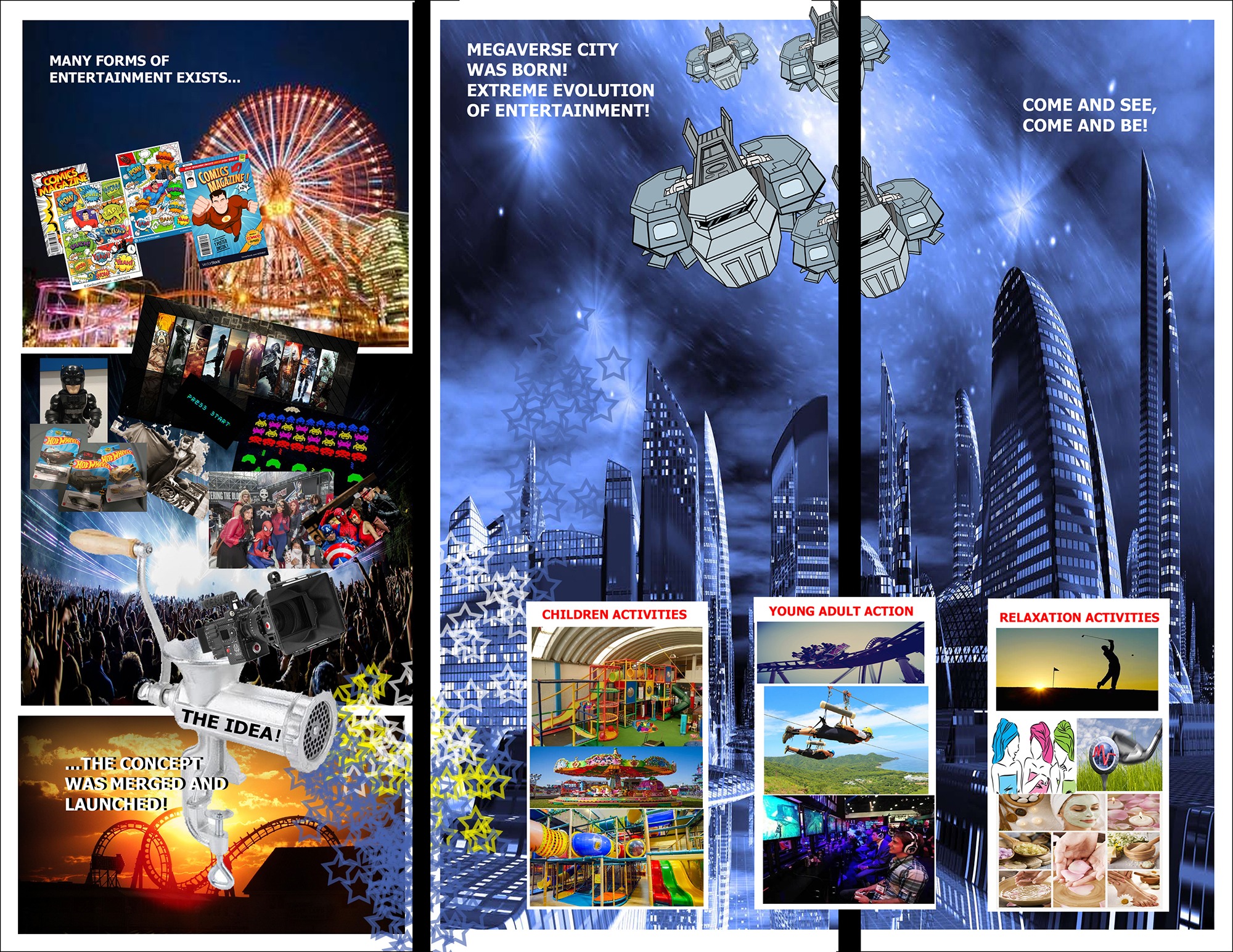 A collage featuring various cityscapes alongside a colorful ferris wheel